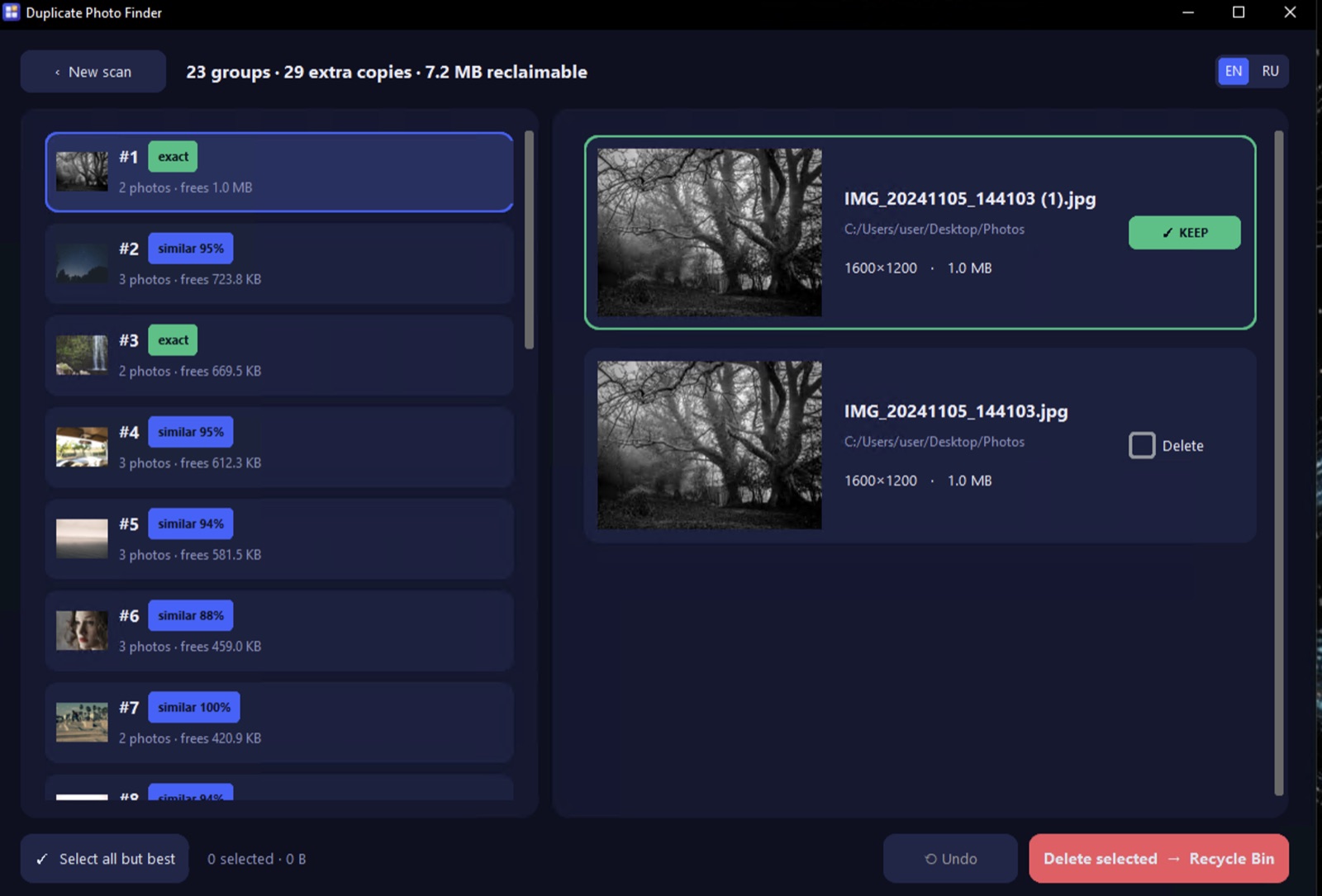Duplicate Photo Finder scan results on Windows 11 — duplicate photos grouped side by side with the best copy marked KEEP and the extra copies queued for the Recycle Bin